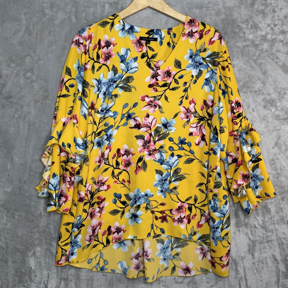 John Mark Blouse Womens Large Yellow Floral Ruffle Bell Sleeve Hi-Low V-Neck